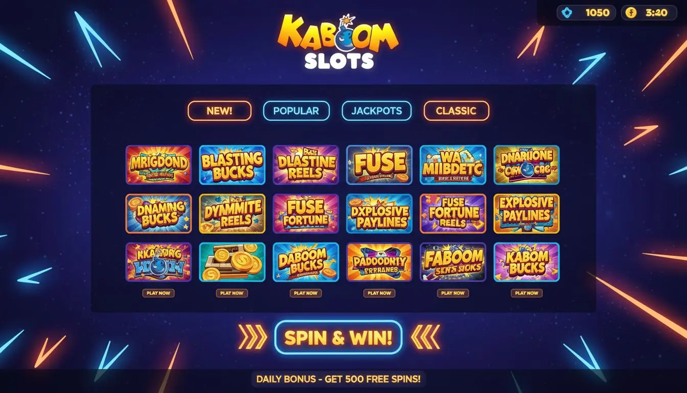 An animated arcade-style casino lobby with slot thumbnails and neon UI.